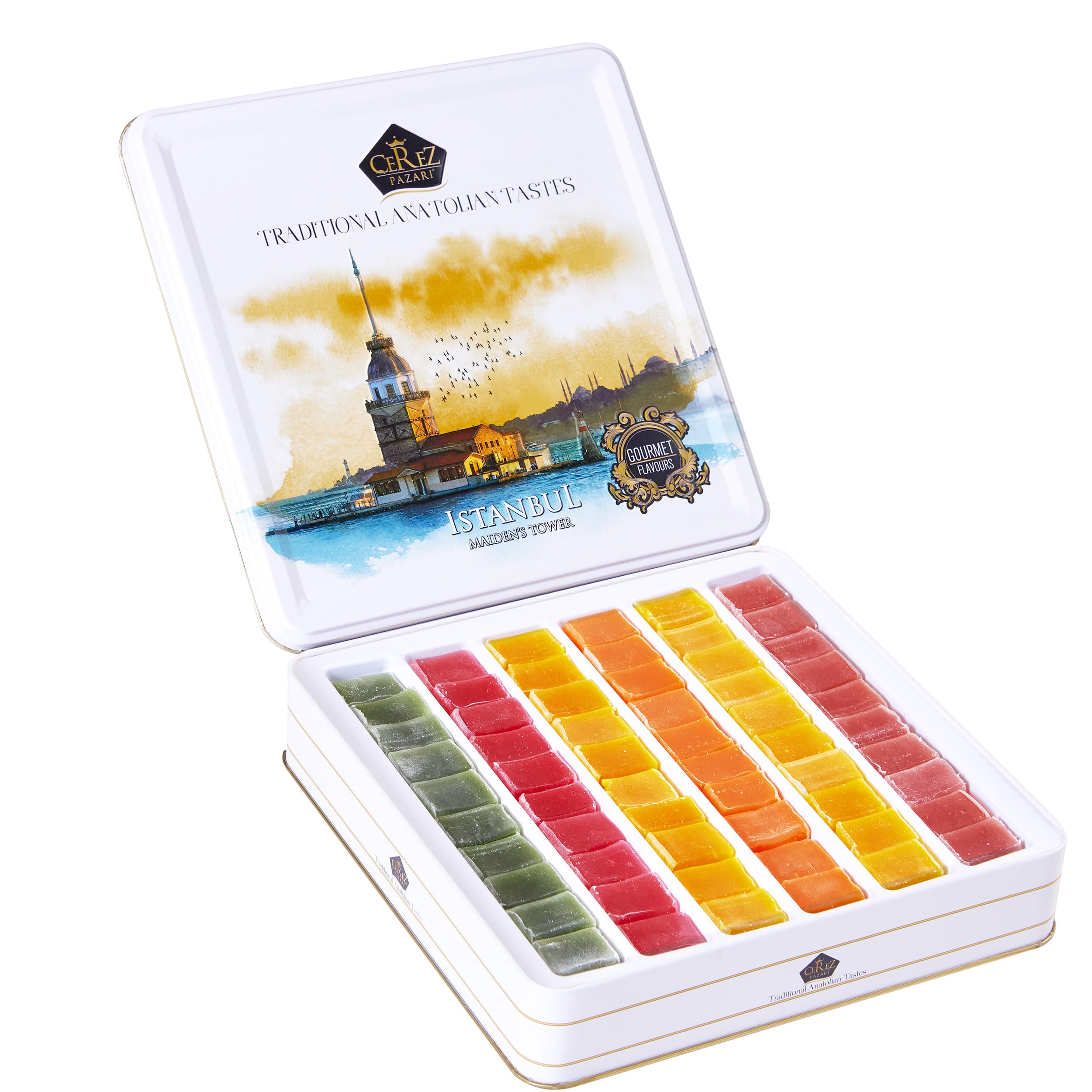 Çerez Pazarı Turkish Delight Gift Basket in embossed tin, a premium festive gift.