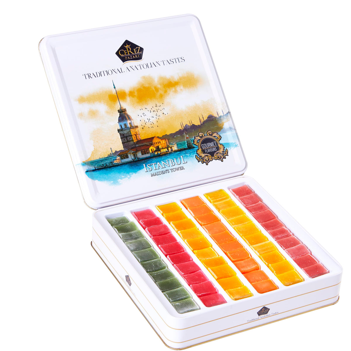 Çerez Pazarı Turkish Delight Gift Basket in embossed tin, a premium festive gift.