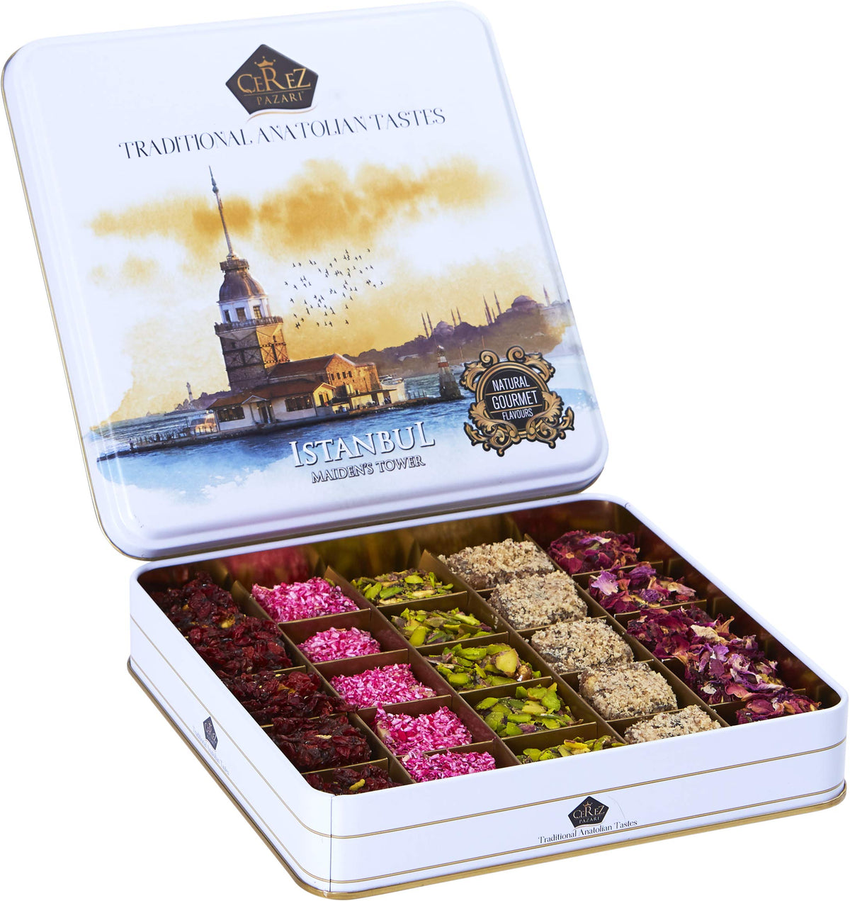 Çerez Pazarı Turkish Delight gift tin front view, ready for gifting