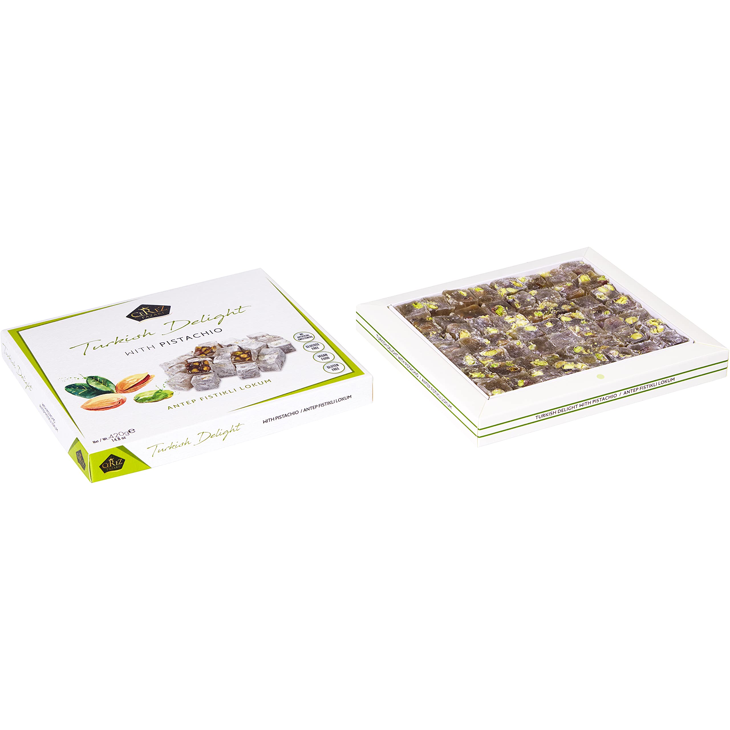 Cerez Pazari Turkish Delight ingredients and nutrition highlighting vegan and gluten-free.