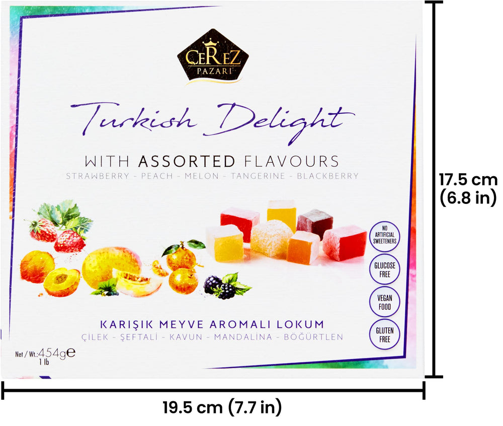 Cerez Pazari Turkish Delight on serving plate, ideal tea-time treat.
