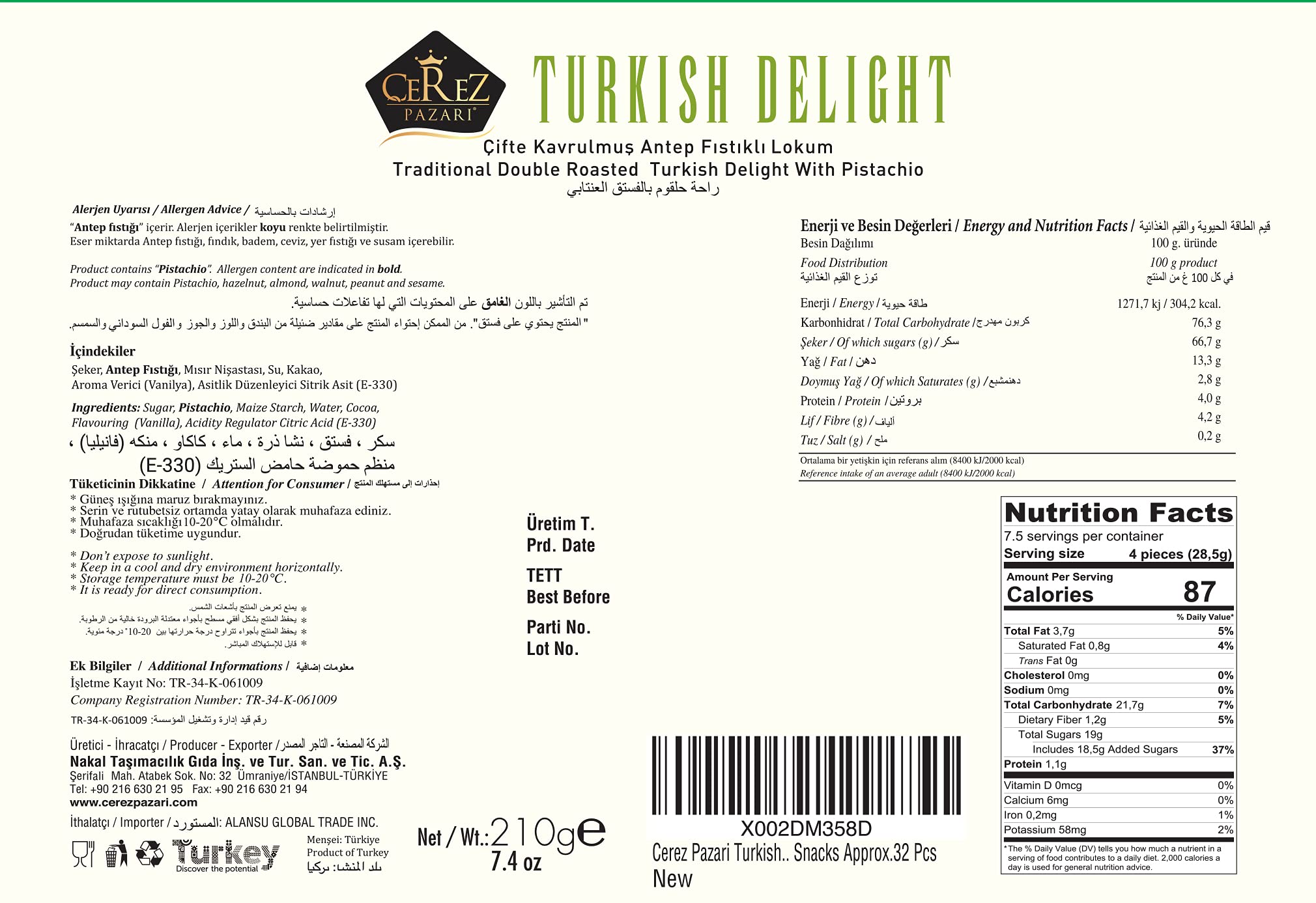 Çerez Pazarı Turkish Delight close-up reveals pistachio-filled texture.