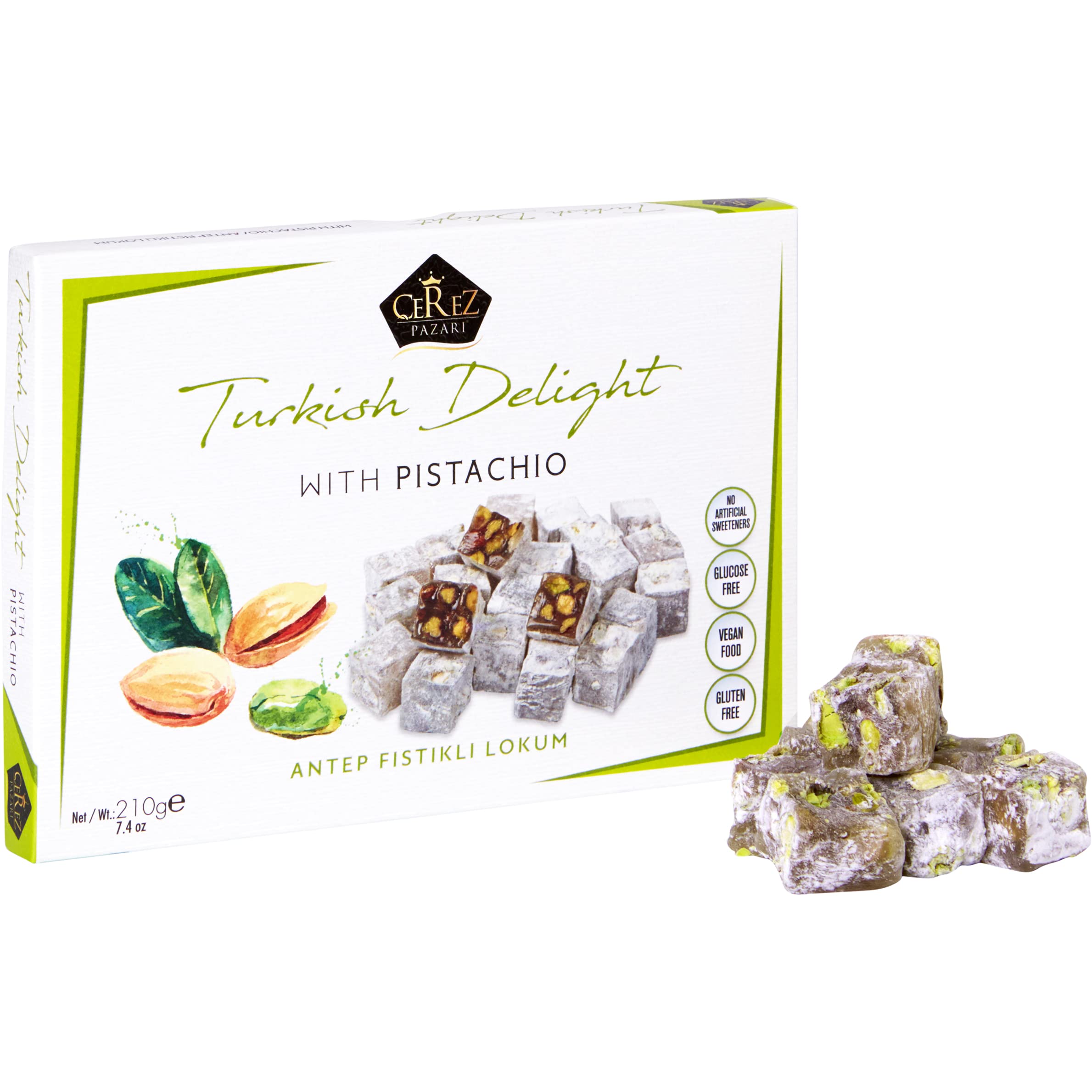 Çerez Pazarı Turkish Delight pistachio candies in a gift box, gluten-free and vegan.