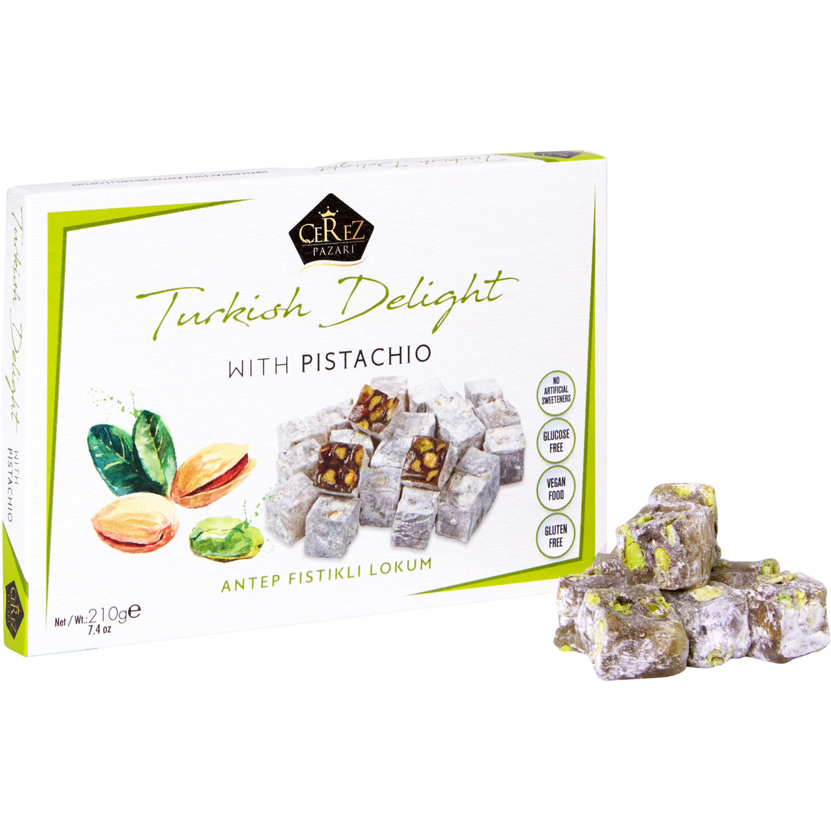 Çerez Pazarı Turkish Delight pistachio candies in a gift box, gluten-free and vegan.