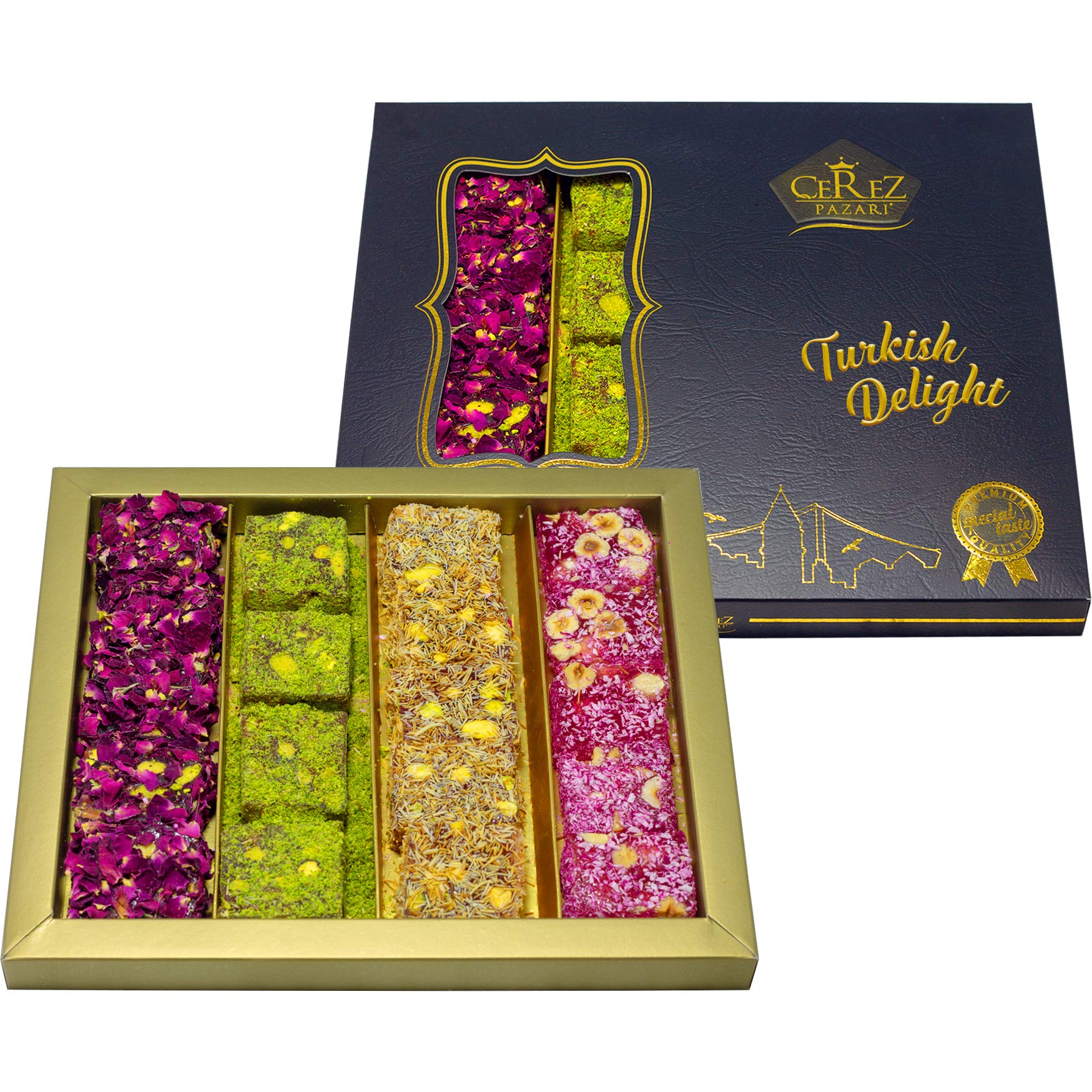 Çerez Pazarı Turkish Delight with pistachio and hazelnut—soft, chewy bite with rose and pomegranate.
