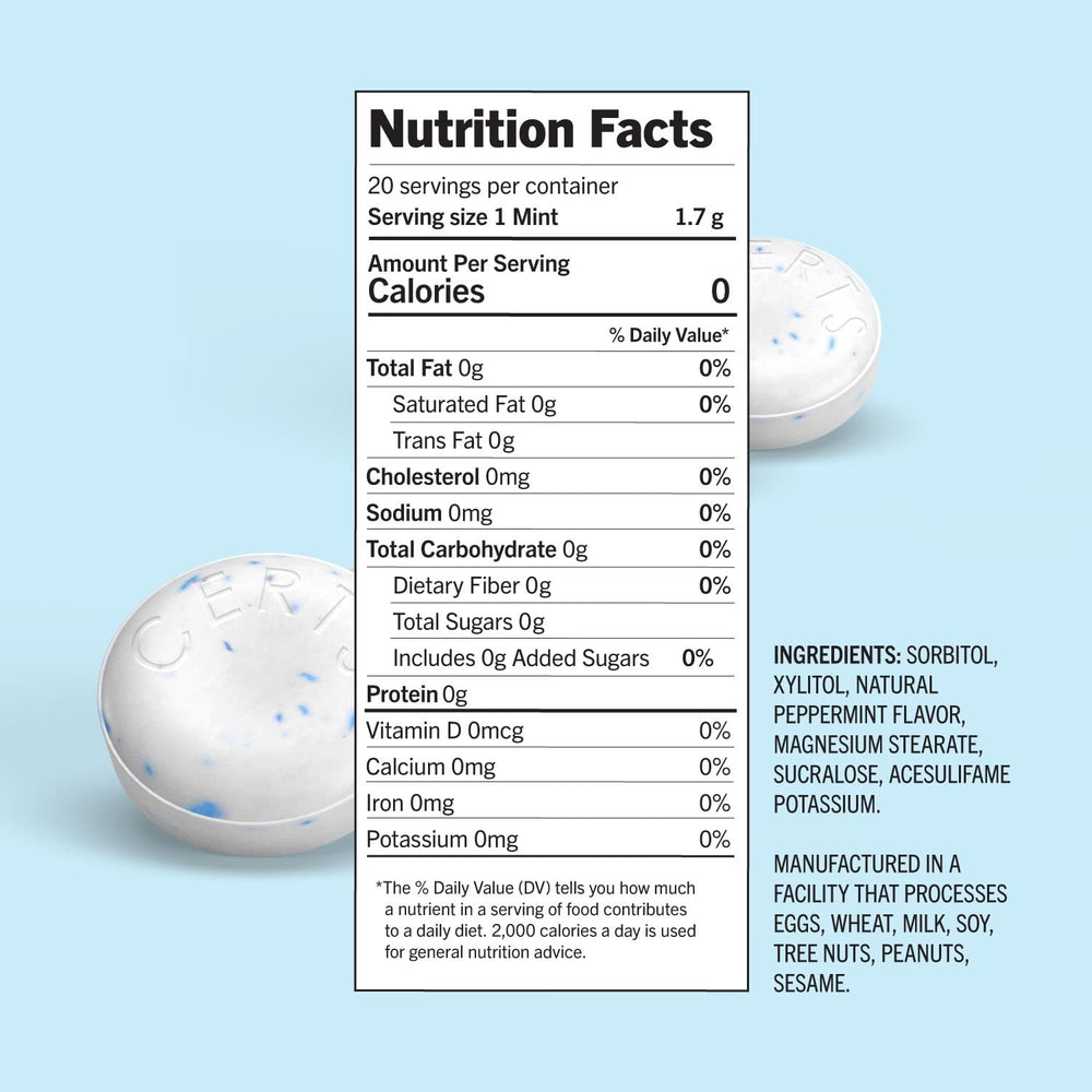 Certs Mints peppermint flavor label highlights refreshing taste after meals