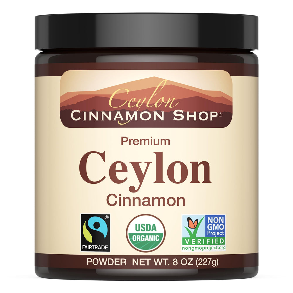 Ceylon Cinnamon Shop Organic Cinnamon Powder in an 8 oz jar for easy measuring and aroma.