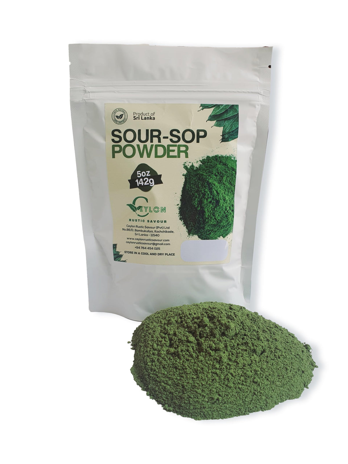 Ceylon Rustic Savour soursop leaves powder in a resealable pouch preserves freshness