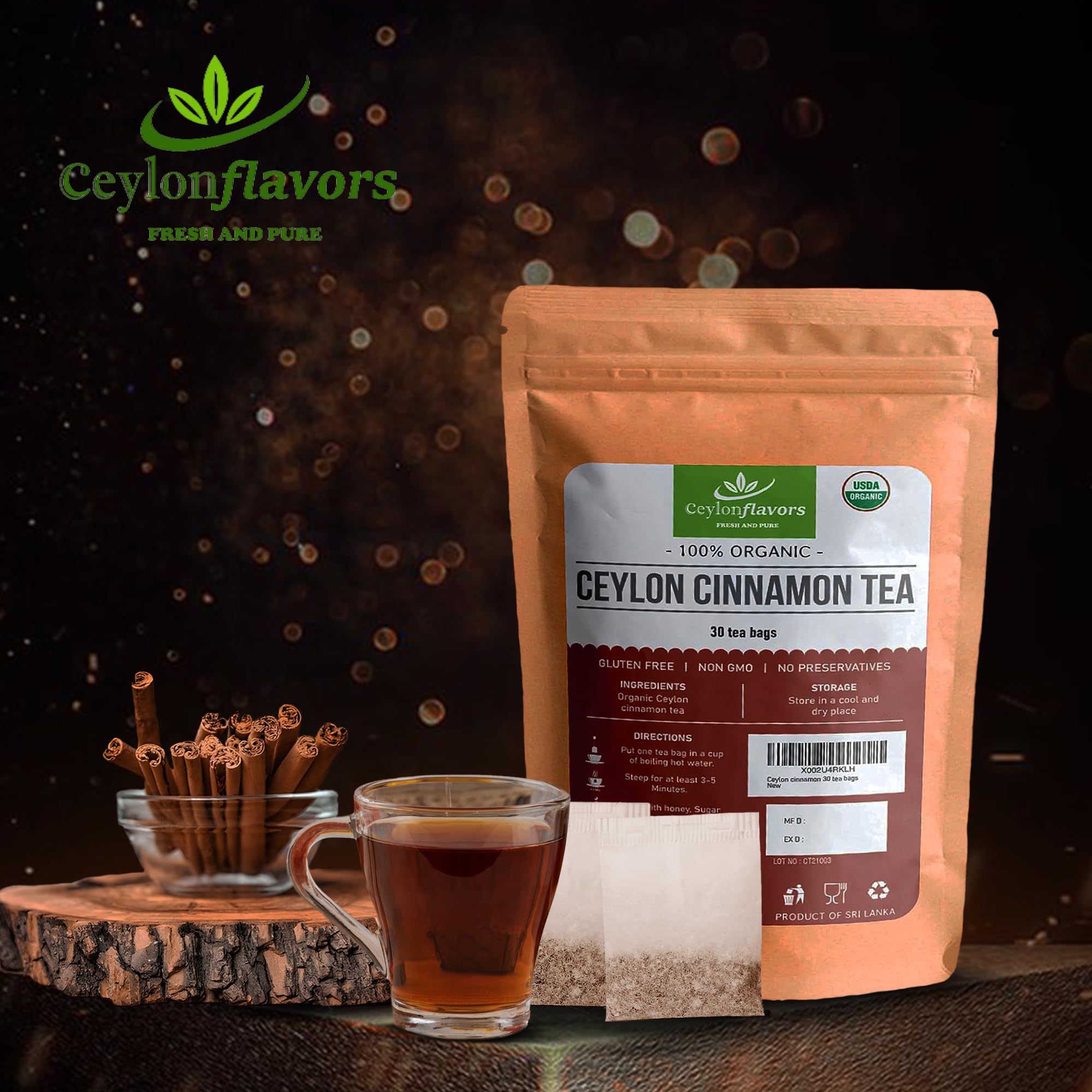 CEYLONFLAVORS Cinnamon tea bag served hot or iced demonstrating versatility