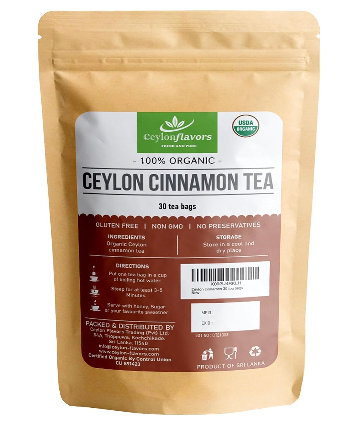 CEYLONFLAVORS Organic Ceylon Cinnamon tea bags in packaging highlighting sustainable sourcing