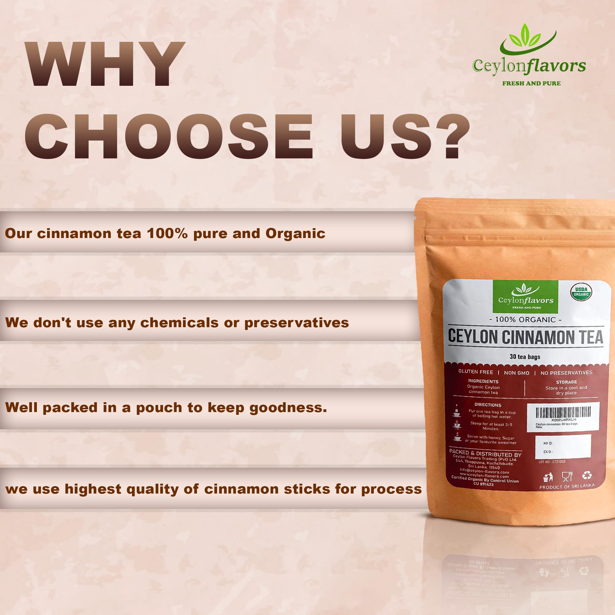 CEYLONFLAVORS Sustainable farms logo emphasizes ethical sourcing and community support