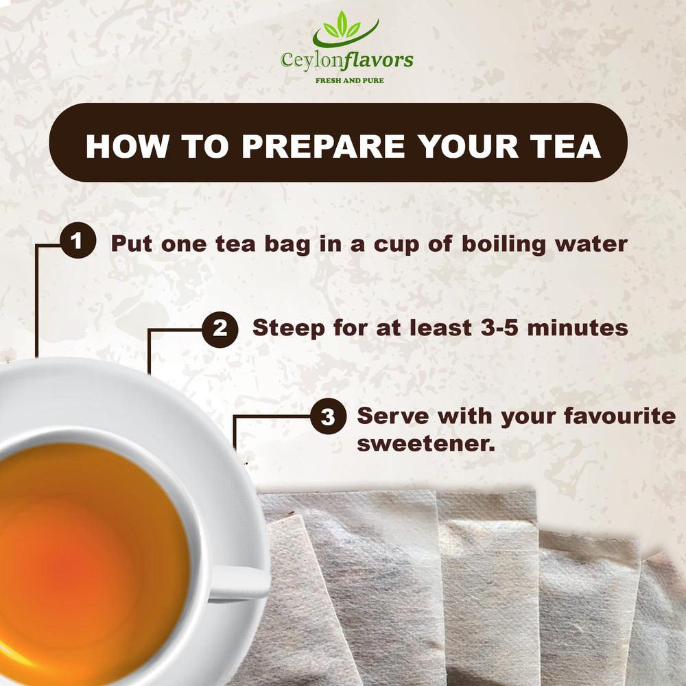 CEYLONFLAVORS Tea bag label closeup showing convenient use