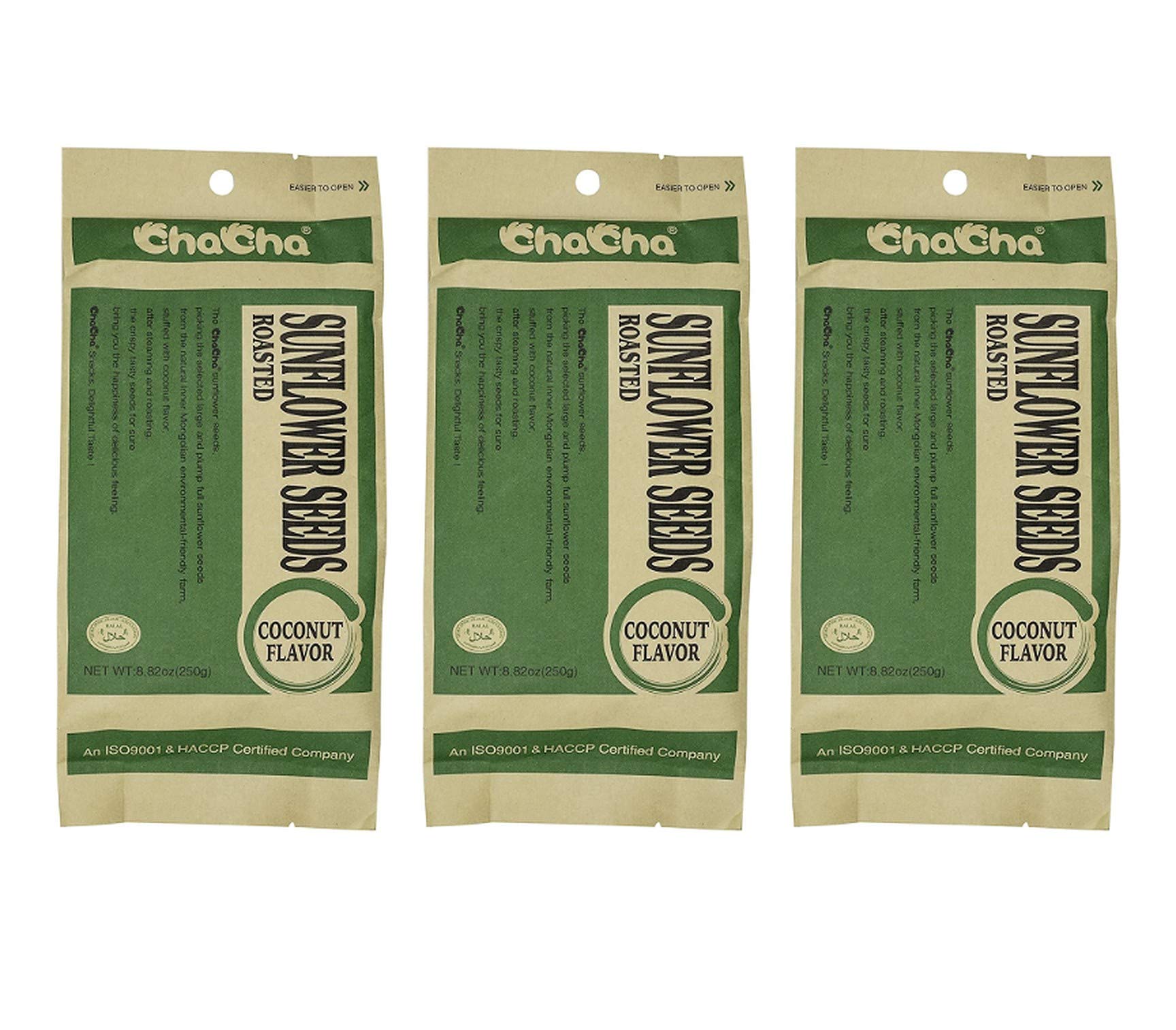 ChaCha coconut-flavored roasted sunflower seeds, 3-pack, front view, ideal energy-boosting snack.