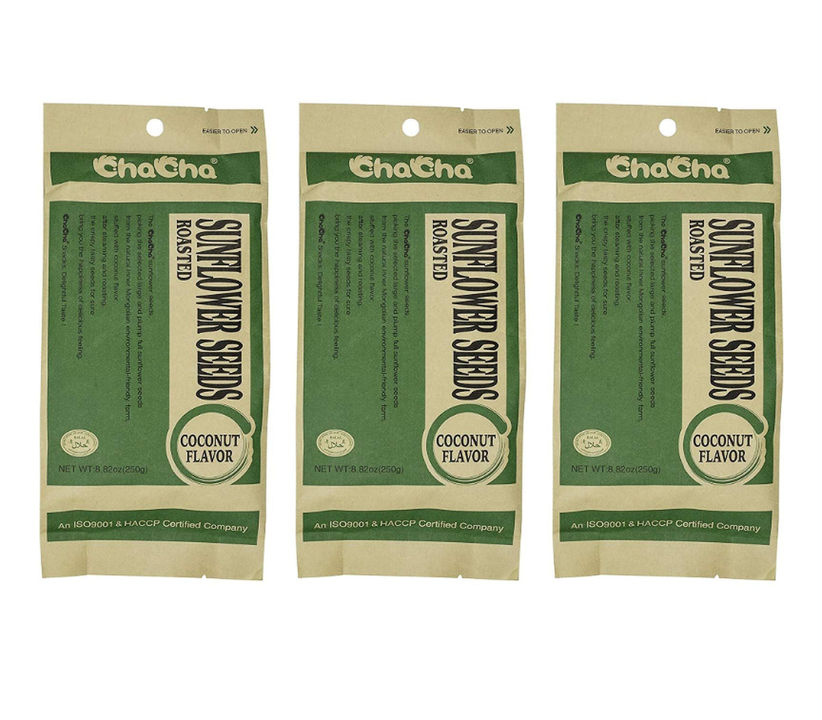 ChaCha coconut-flavored roasted sunflower seeds, 3-pack, front view, ideal energy-boosting snack.