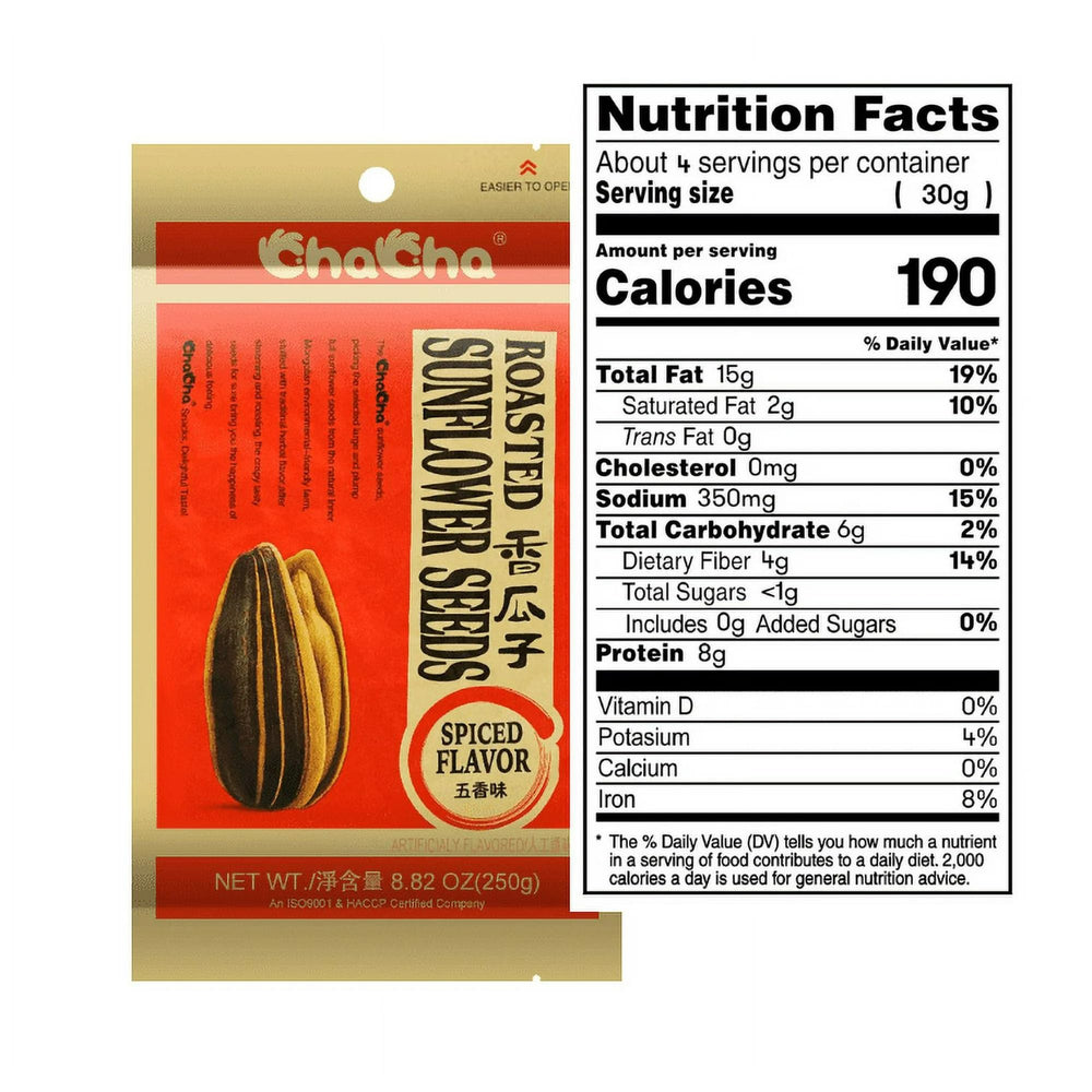 ChaCha spiced roasted sunflower seeds pack layout shows generous 3-pack servings.