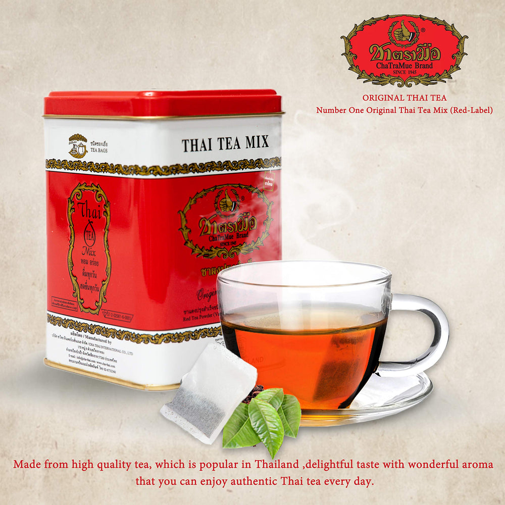 Red-Label tea sachets neatly arranged for quick, flavorful Thai tea at home.