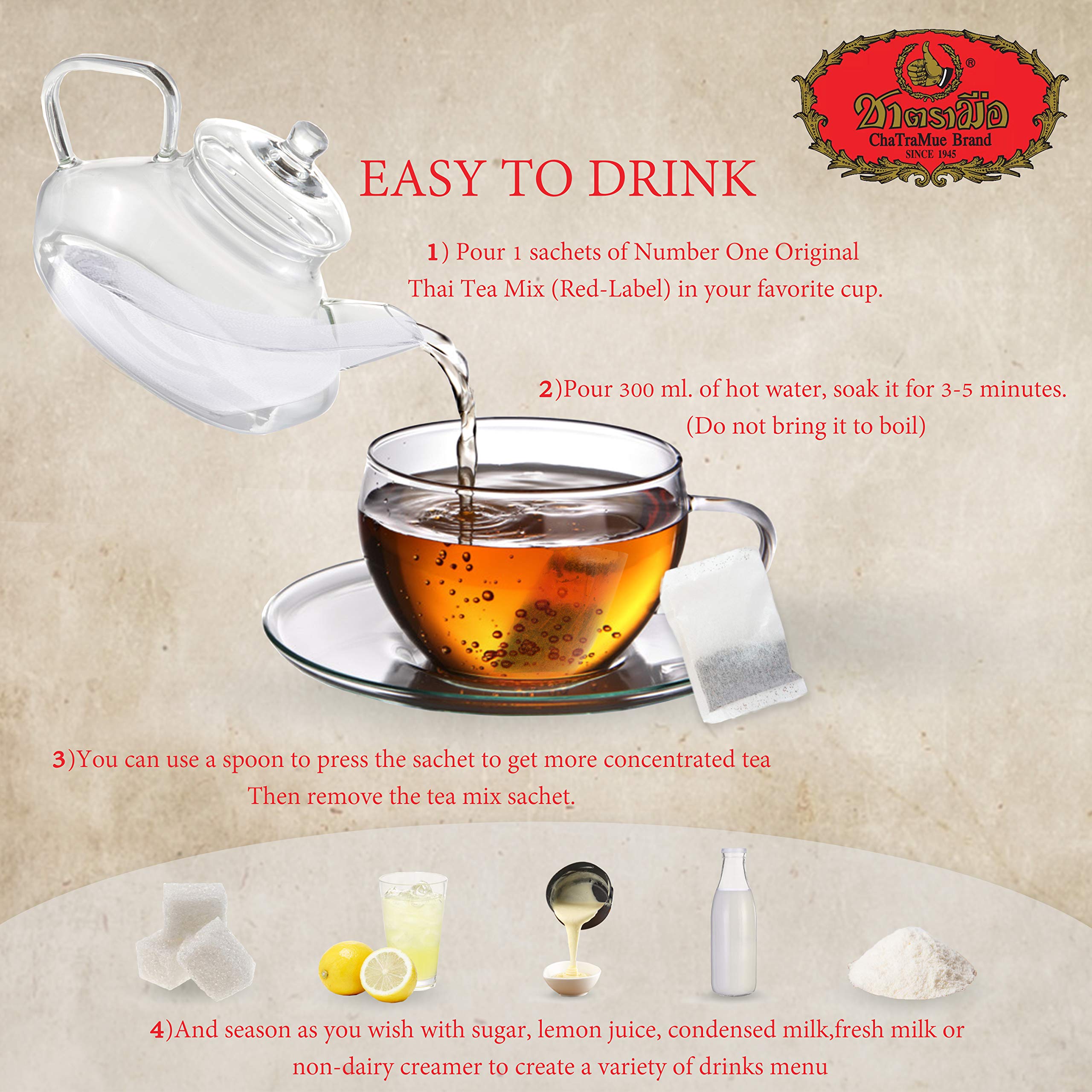 Brew-ready Thai tea mix in a cup delivers rich aroma and smooth taste.