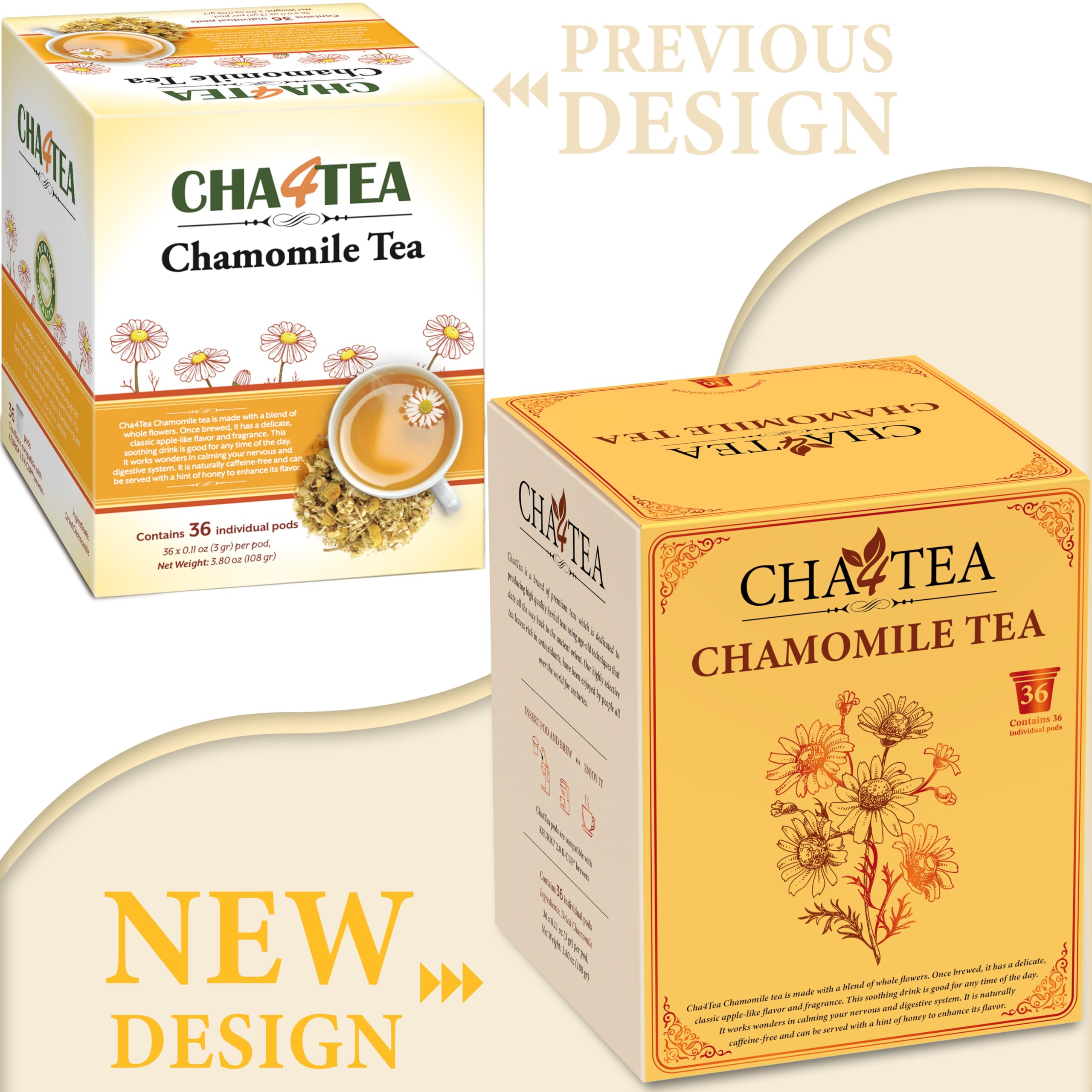 Cha4TEA 36-count pack shown for convenient daily chamomile ritual.