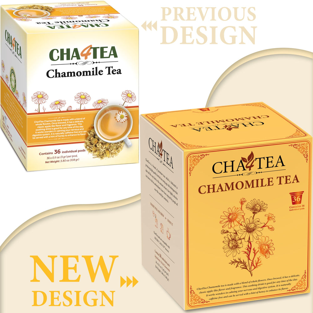 Cha4TEA 36-count pack shown for convenient daily chamomile ritual.