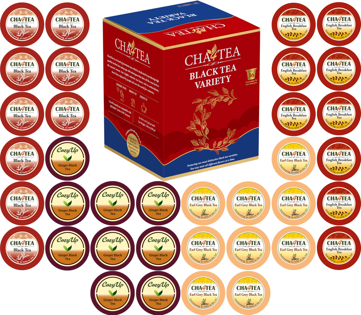 Cha4TEA 36-count sampler box-front view for easy at-home brews.