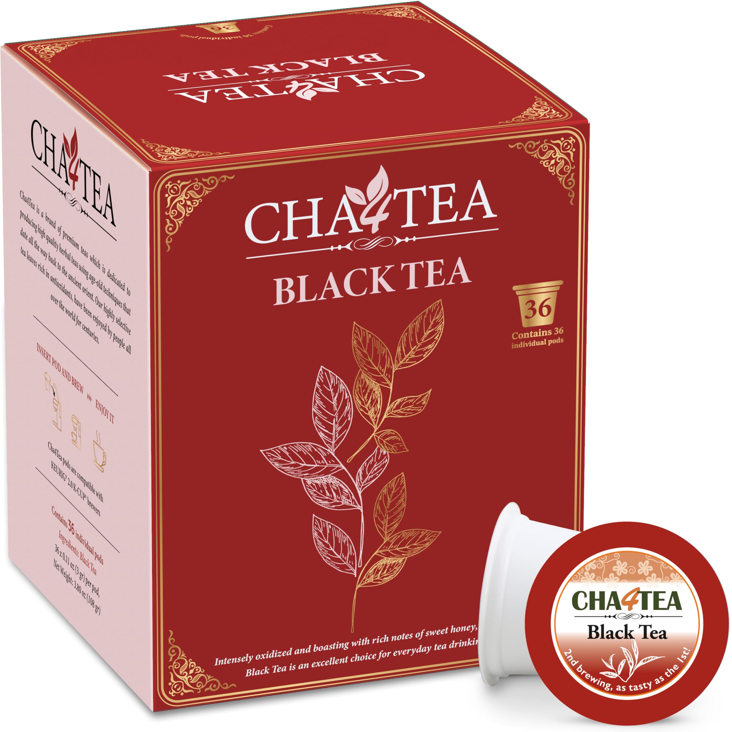 Cha4TEA black tea pods pour into a hot 6oz cup for a bold start.