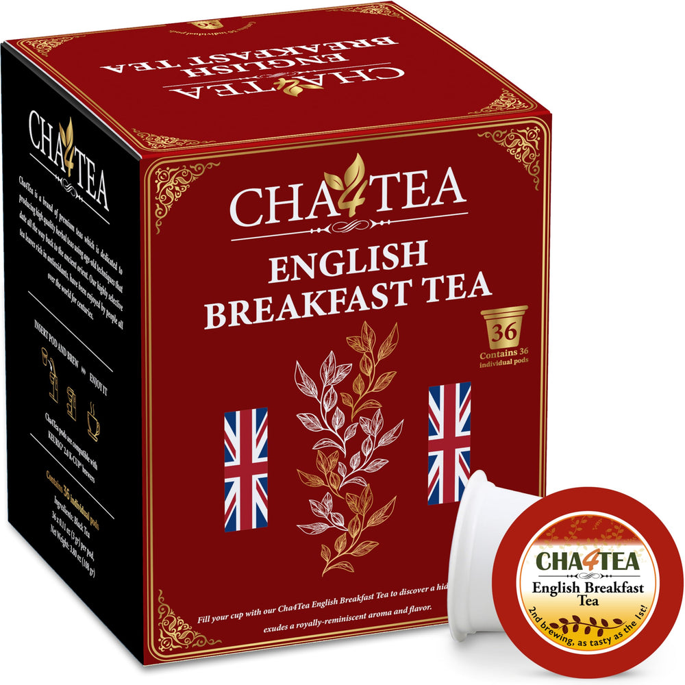 Cha4TEA English Breakfast K-Cup pod close-up for a quick, robust morning cup.