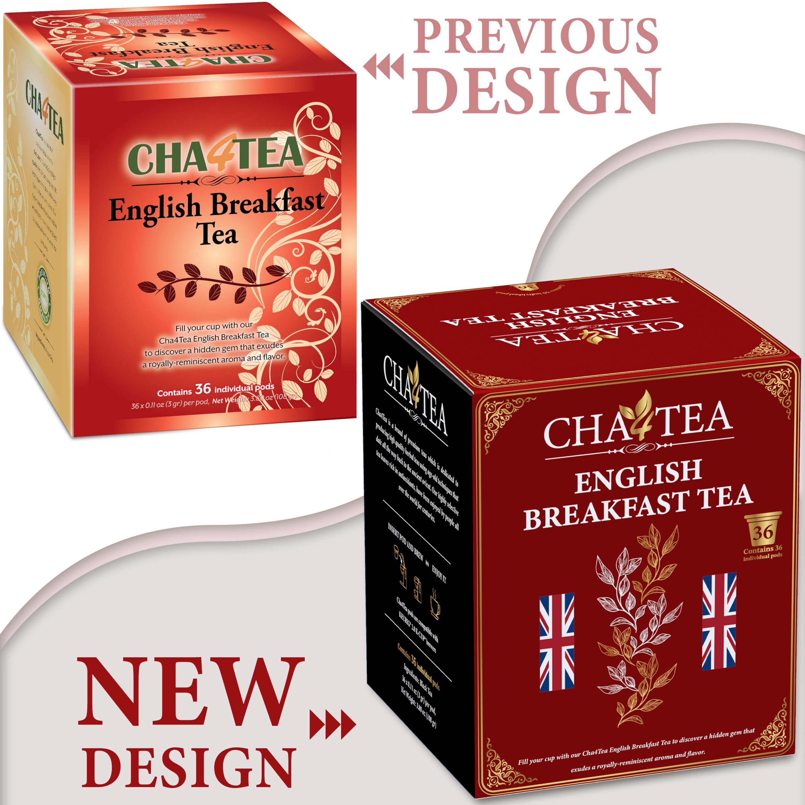Cha4TEA English Breakfast pod with premium black leaves signaling bold flavor.