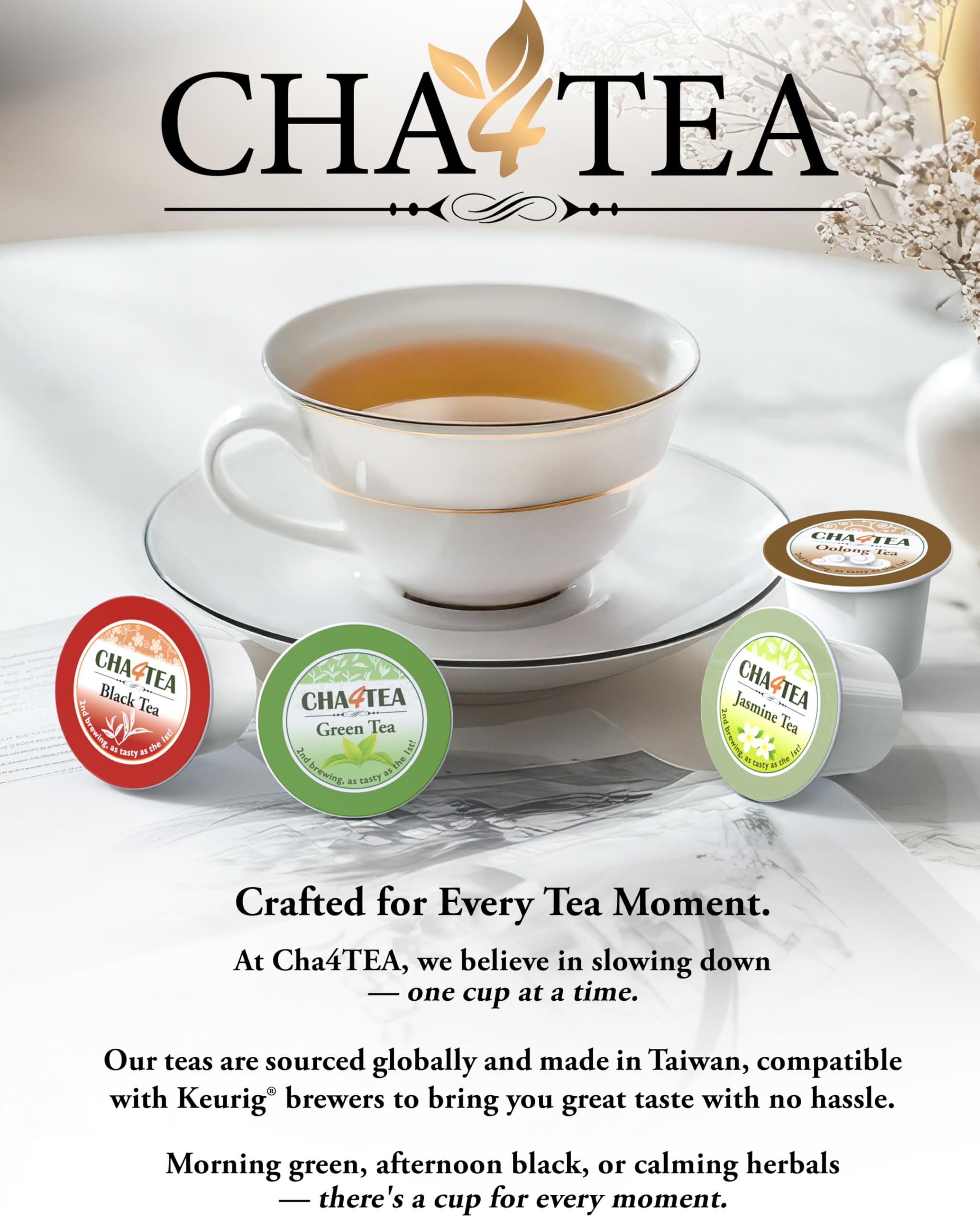 Cha4TEA green tea and matcha setup for quick energy boost.