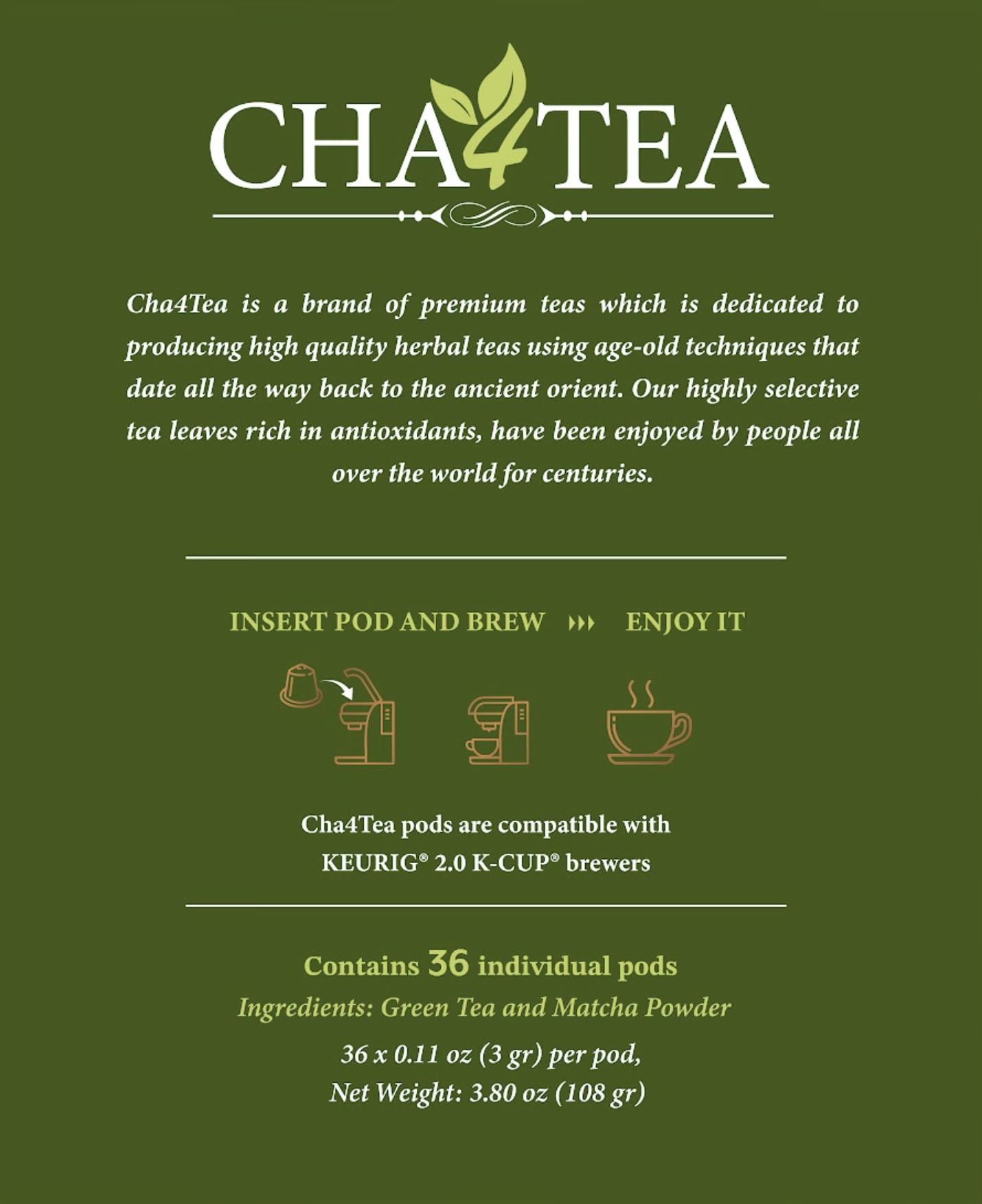 Cha4TEA Japanese matcha powder blended pod with inviting aroma.