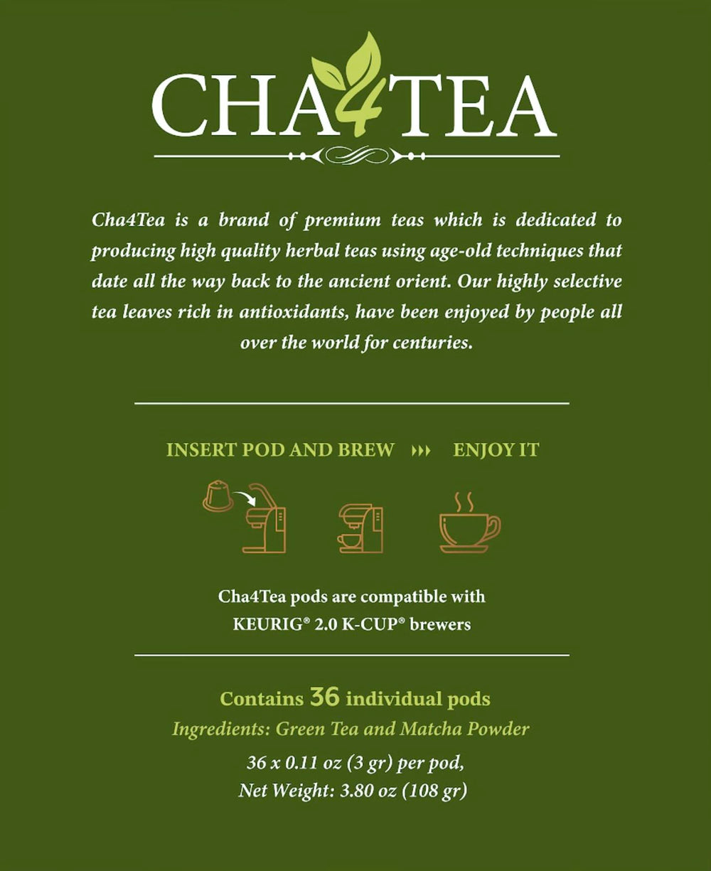 Cha4TEA Japanese matcha powder blended pod with inviting aroma.