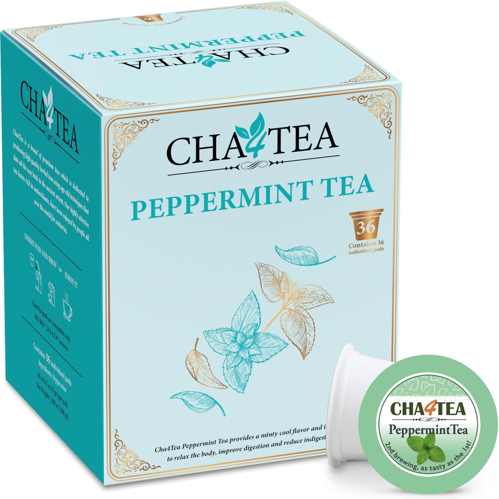 Cha4TEA peppermint tea pods box ready for Keurig brewing, a refreshing caffeine-free pick-me-up.