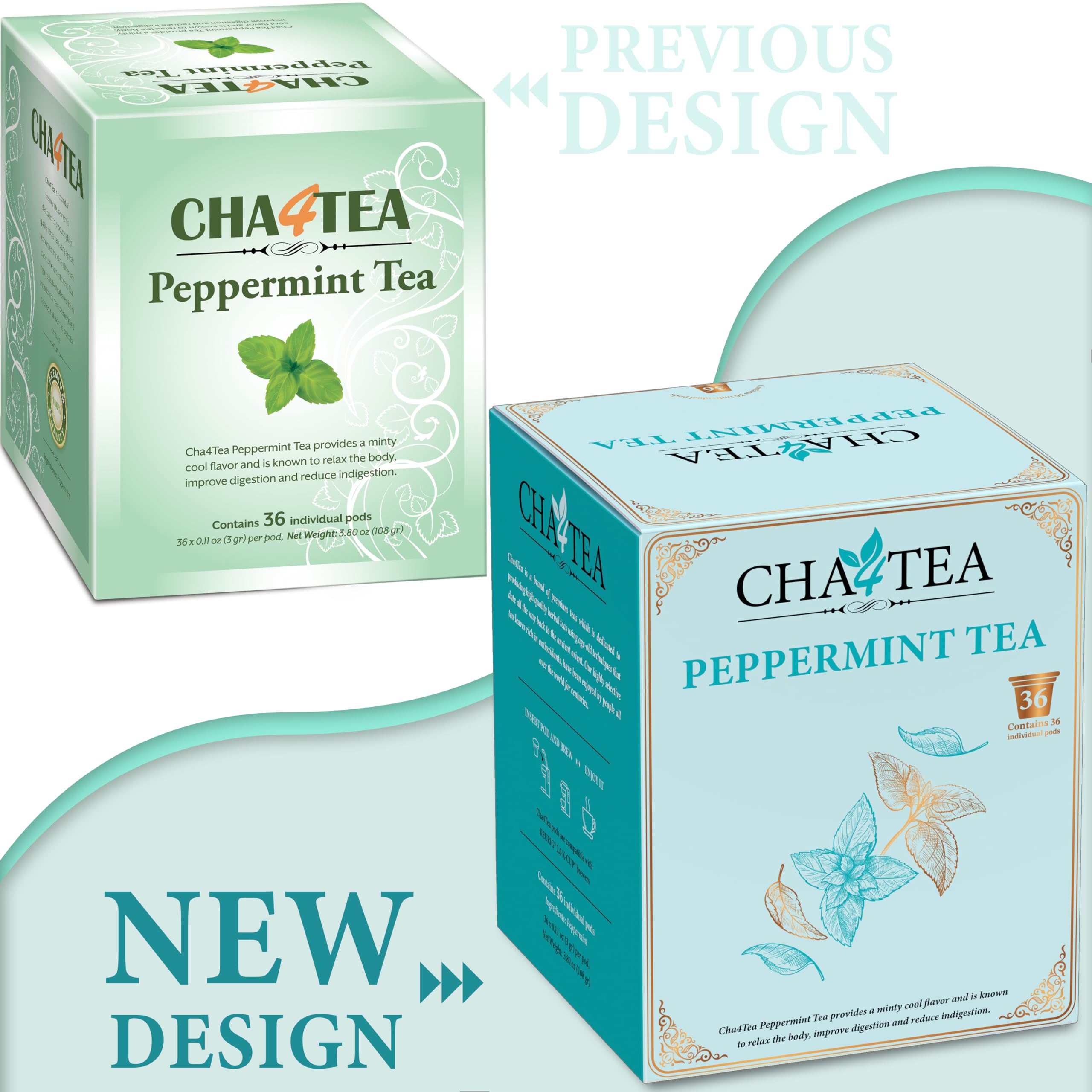 Cha4TEA peppermint tea pods closeup showing sealed freshness for aroma-rich cups.