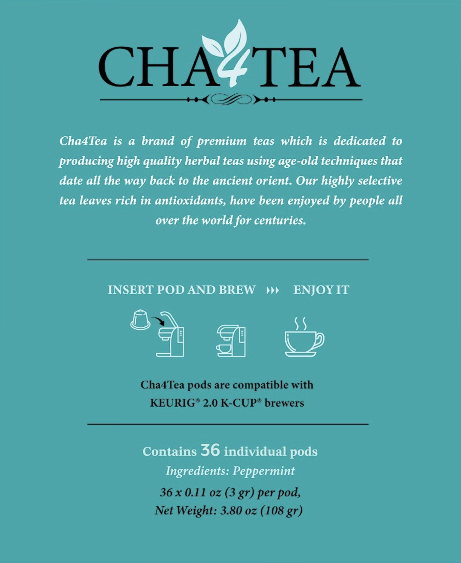 Cha4TEA peppermint pods on shelf imply premium quality ingredients.