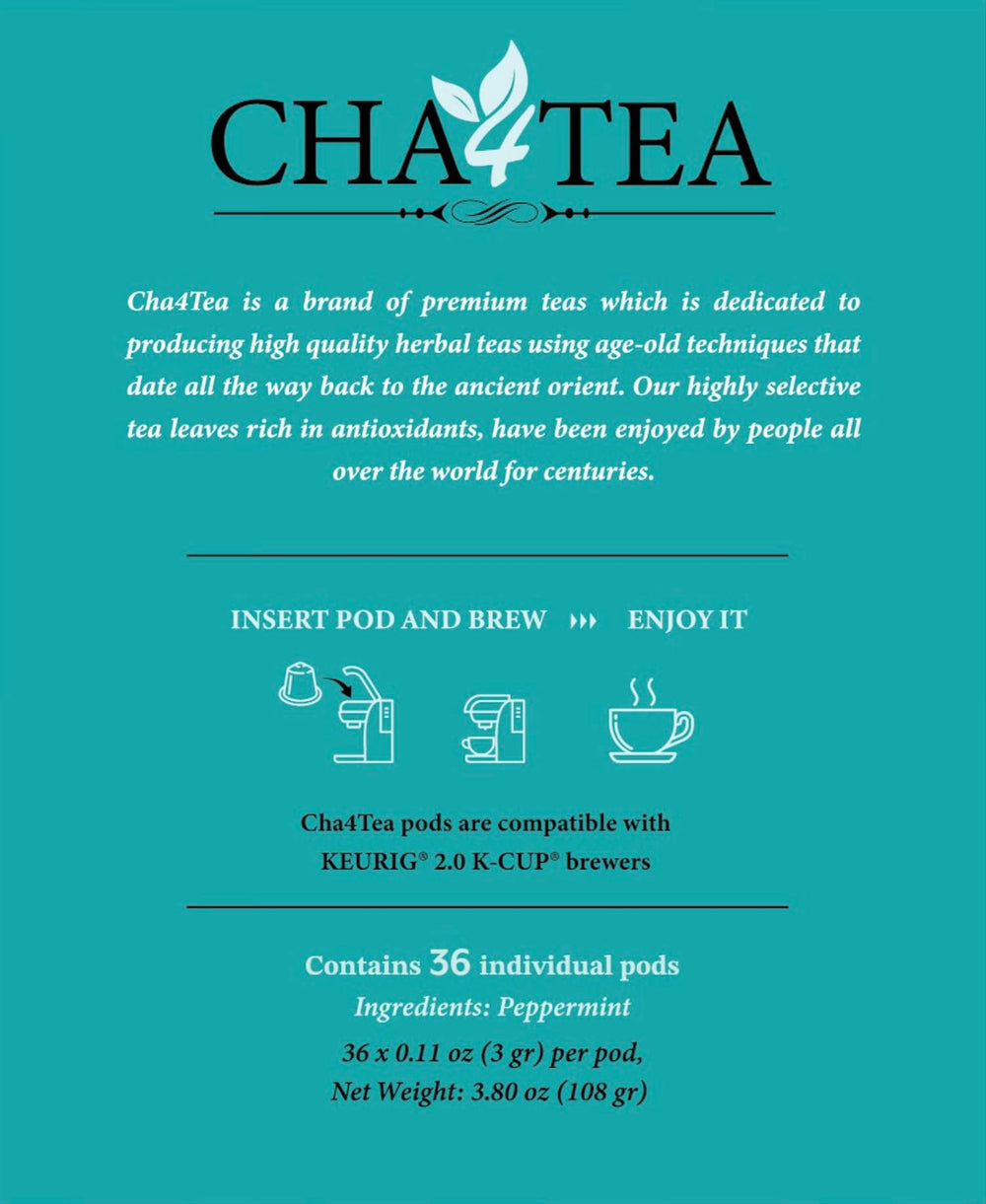 Cha4TEA peppermint pods on shelf imply premium quality ingredients.
