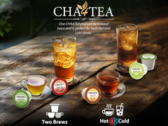 Cha4TEA cup with steaming peppermint tea, highlighting soothing, naturally caffeine-free flavor.