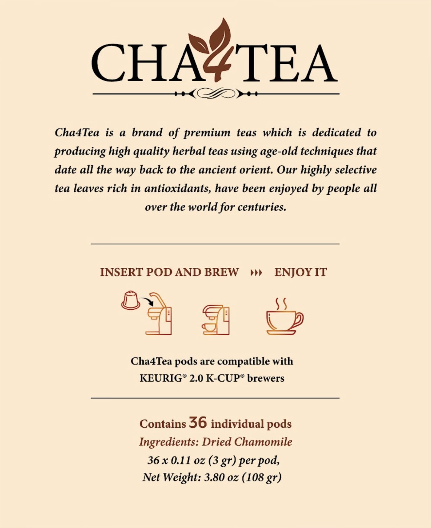 Cha4TEA USA-manufactured packaging emphasizes quality and domestic production.