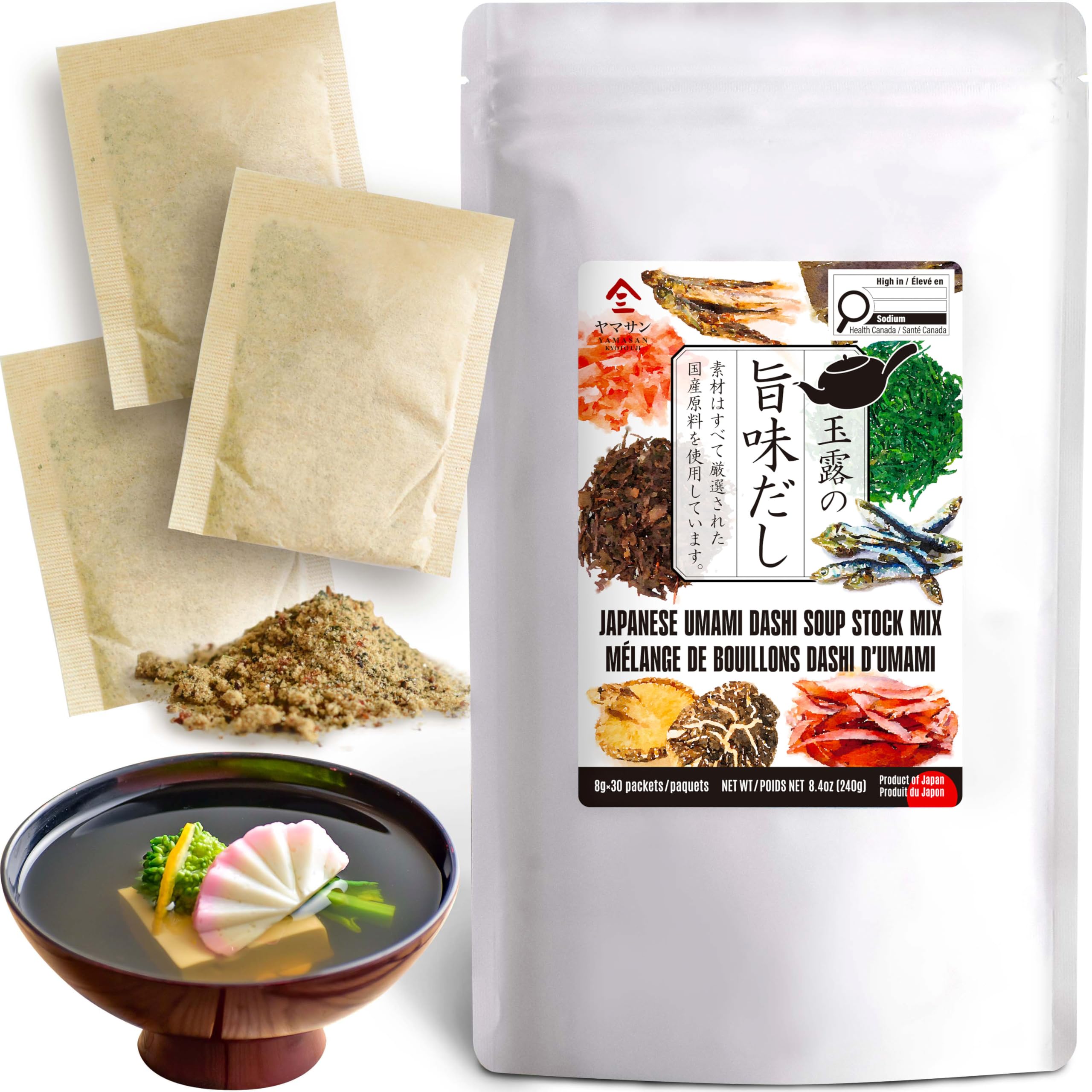 Chaganju Dashi packet close-up shows premium dashi blend for rich umami.