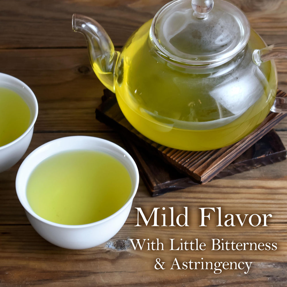 Chaganju Sencha Fukamushi brewed cup, hot and inviting with a bright aroma.