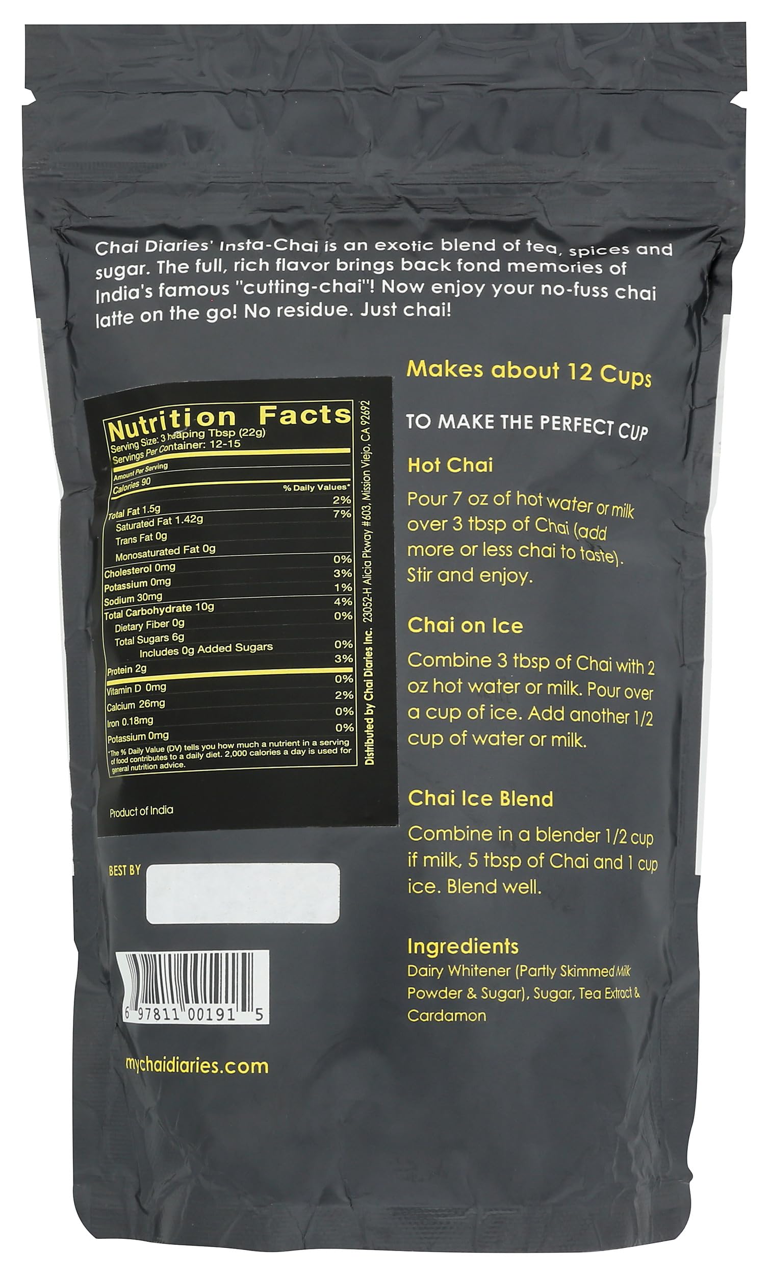 Chai Diaries premix with dairy and tea extract, showcasing creamy texture