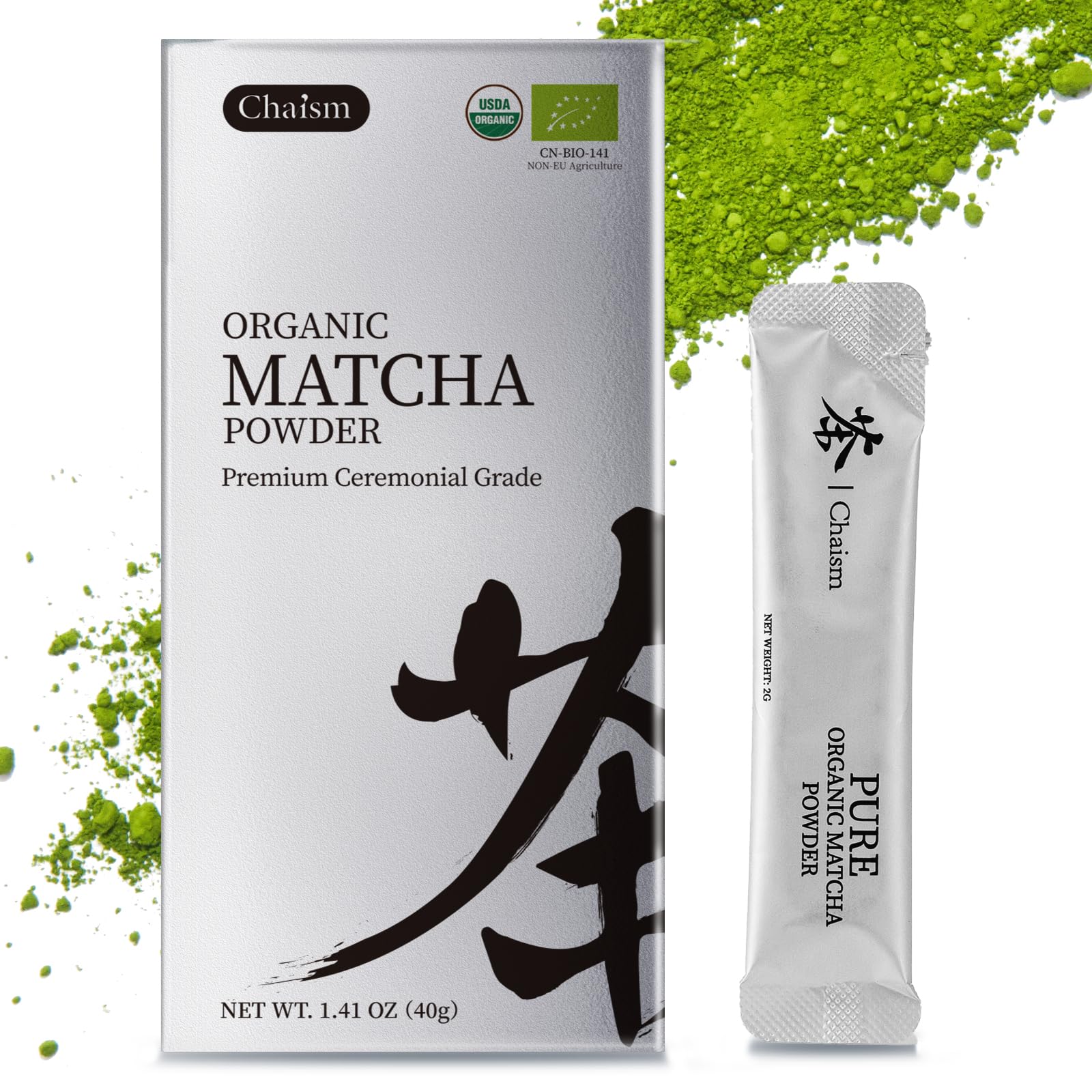 Chaism ceremonial grade matcha packaging close-up highlighting convenient single-serve portions