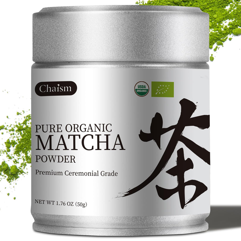Chaism ceremonial grade matcha tin close-up showing premium powder and freshness