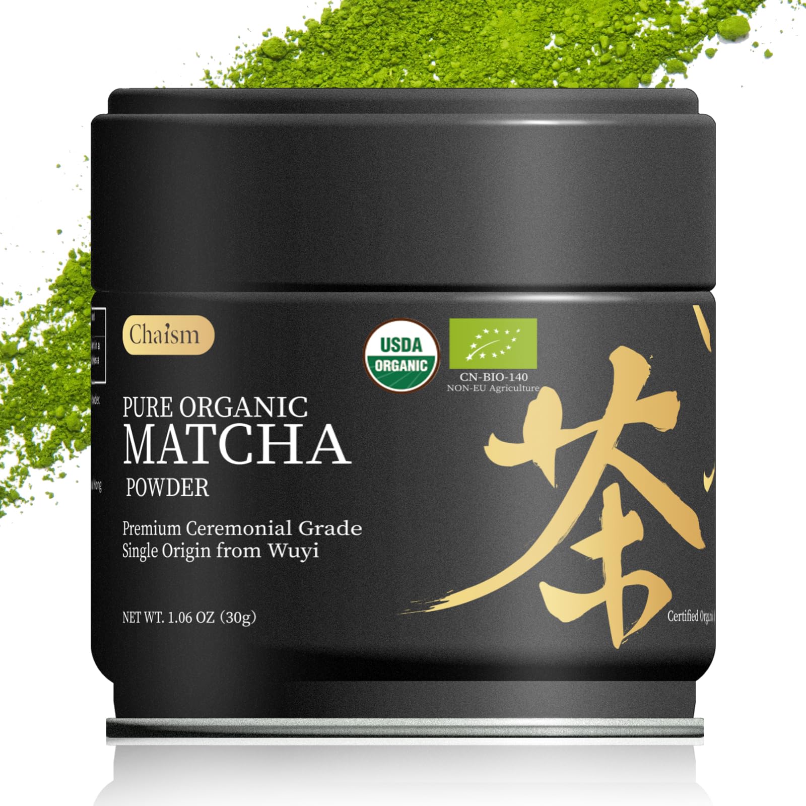 Chaism ceremonial grade matcha tin close-up highlights premium quality and aroma.