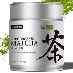 Chaism ceremonial grade matcha tin close-up showing premium powder and freshness