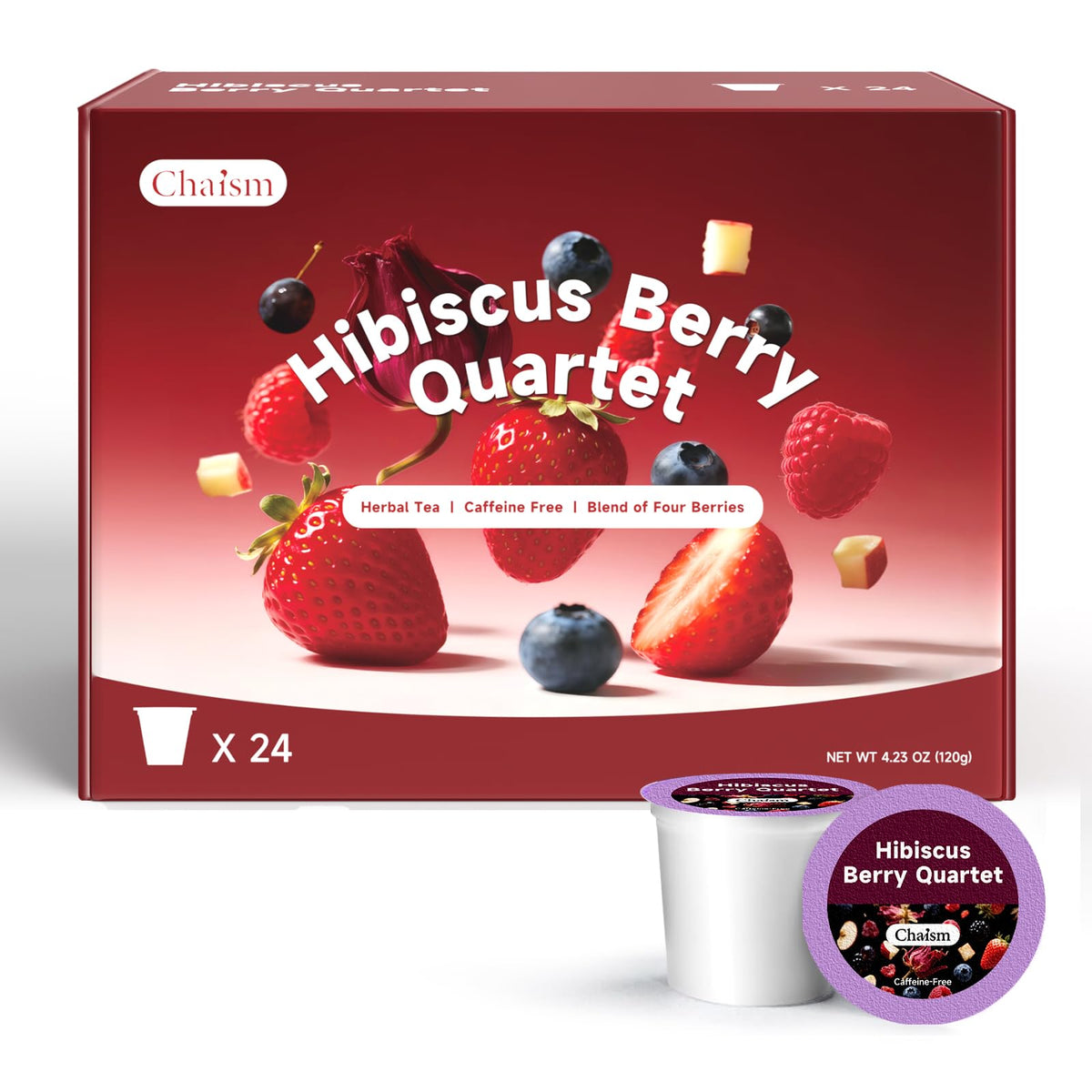 Chaism Hibiscus Berry Quartet K-Cup pods for quick, mess-free brewing.