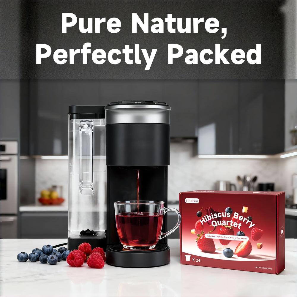 Chaism Hibiscus Berry Quartet vegan gluten-free tea option with pure ingredients.