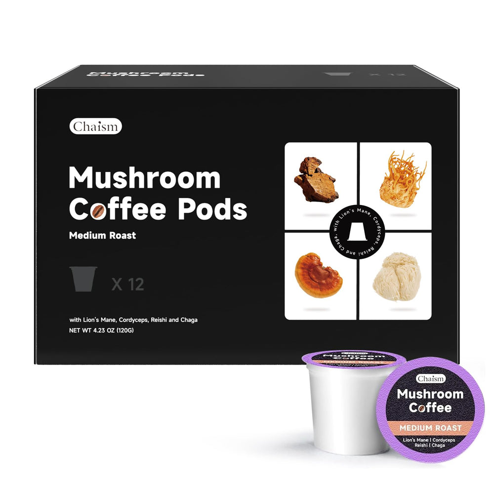 Chaism Mushroom Coffee Pods box front highlighting Lion's Mane blend for focus and energy.