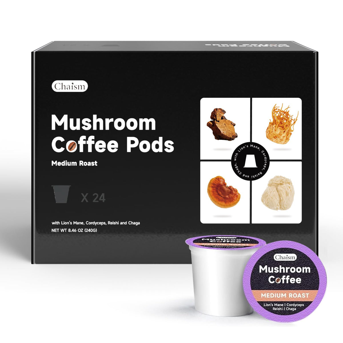 Chaism mushroom coffee pods in a box offer convenient daily energy.