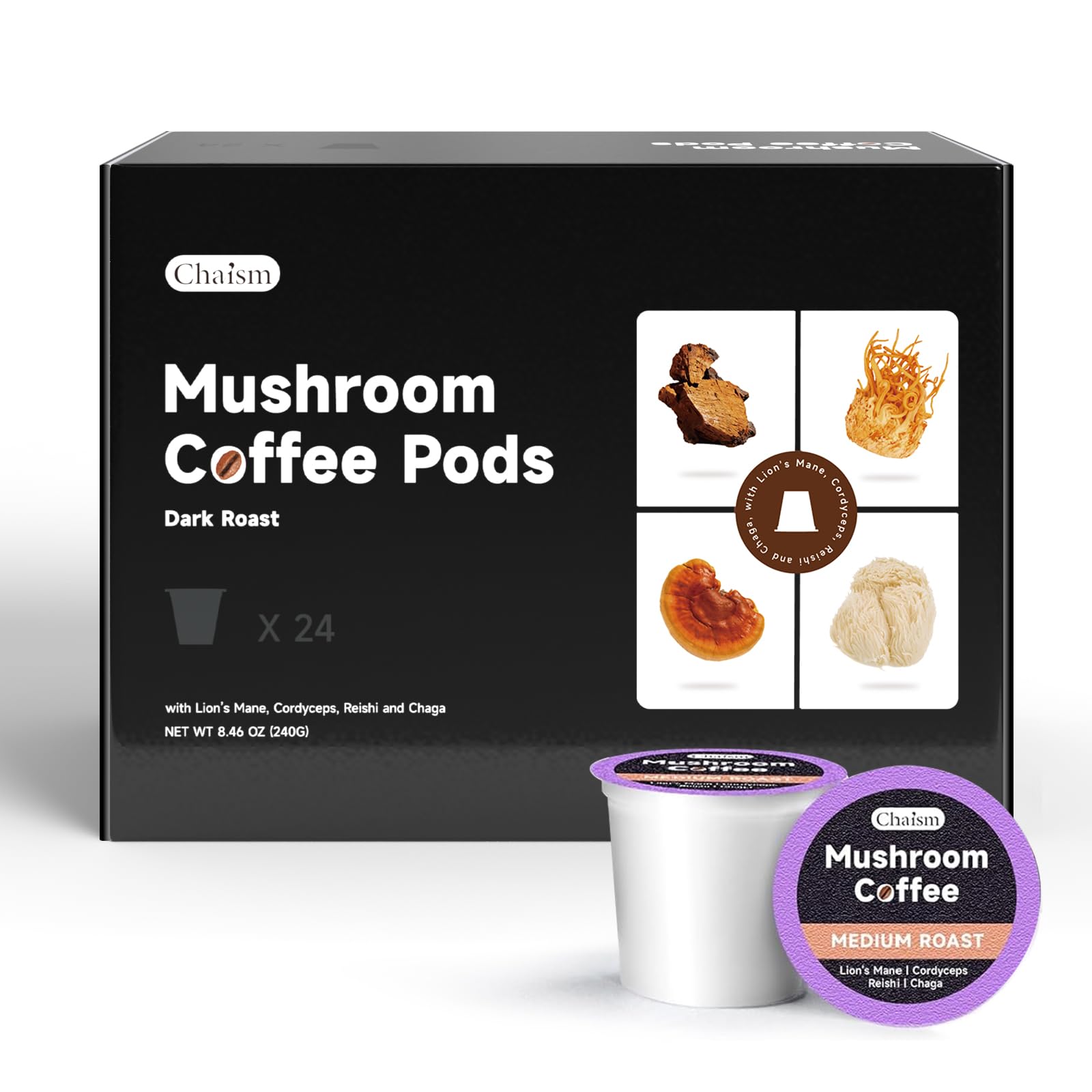 Chaism mushroom coffee pods dark roast box for focused energy.