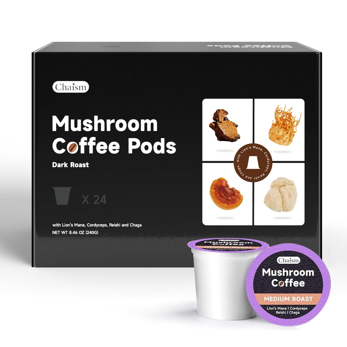 Chaism mushroom coffee pods dark roast box for focused energy.