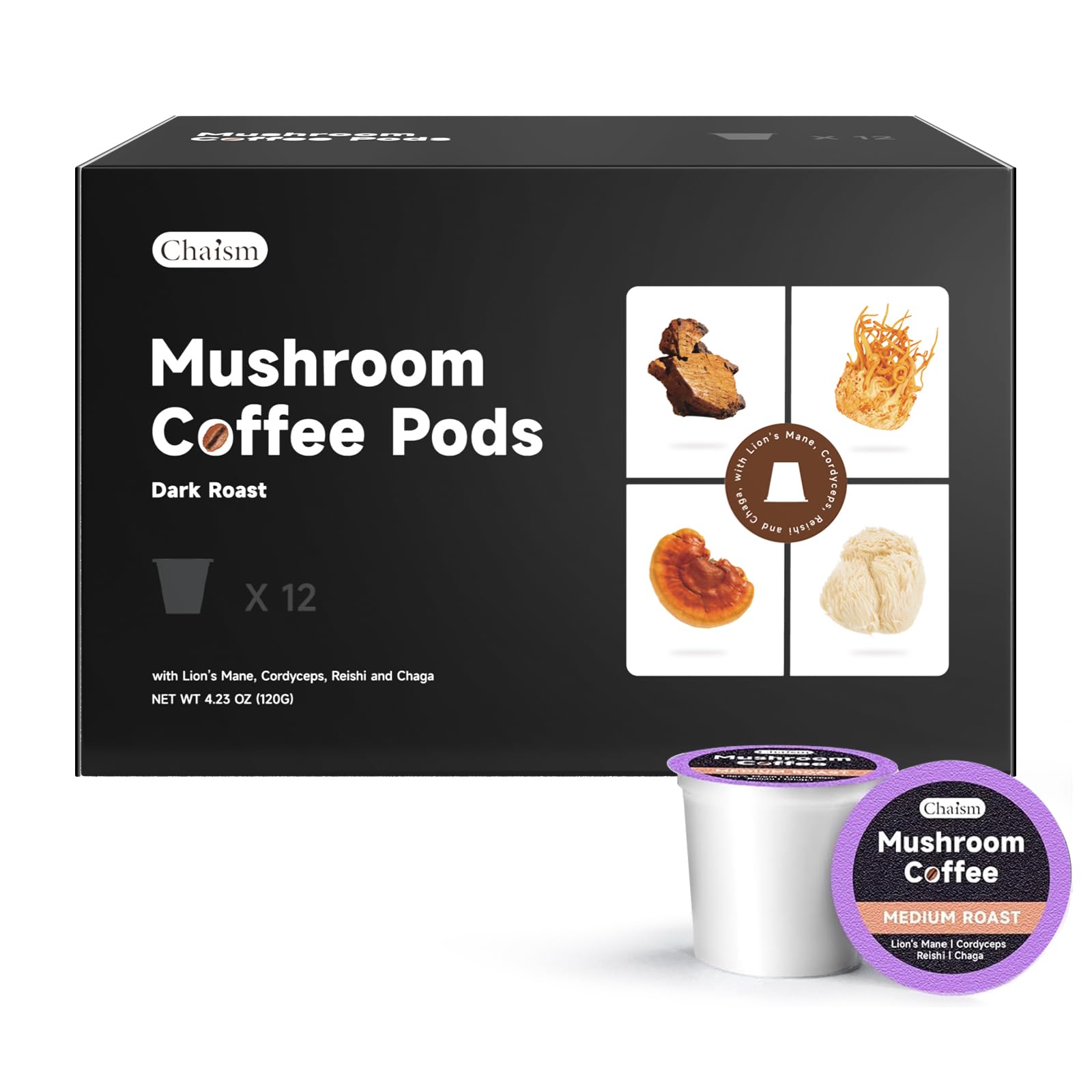 Chaism mushroom coffee pods packaging showing brand for daily use